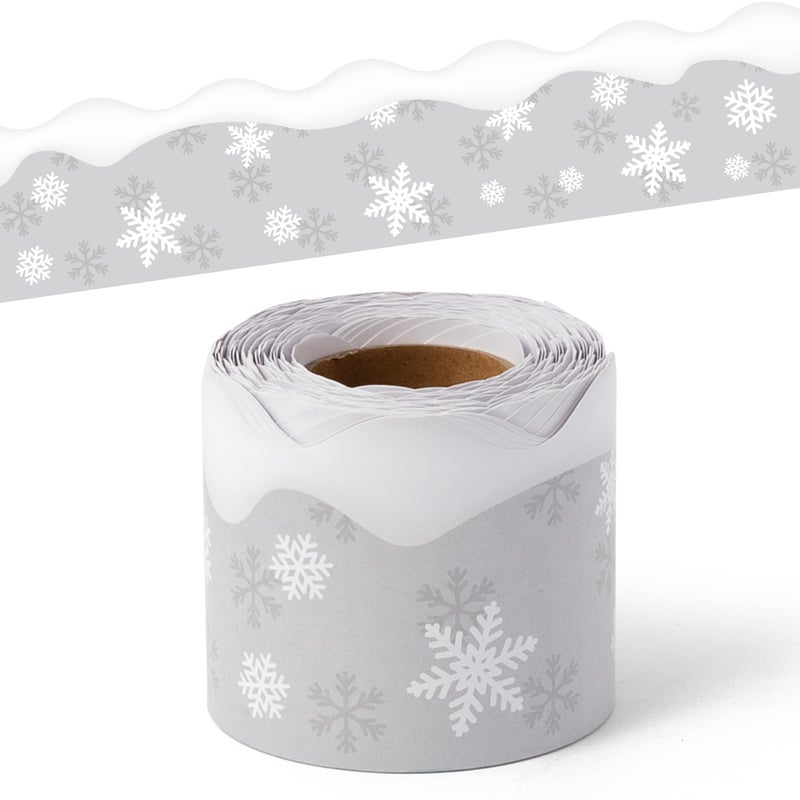 BeYumi Winter Snowflake Border Trim - 65ft Winter Christmas Gray Snowflake Scalloped Rolled Border Trim Xmas Snowflakes Themed Bulletin Board Borders School Classroom Office Chalkboard Party Decor - Image 1